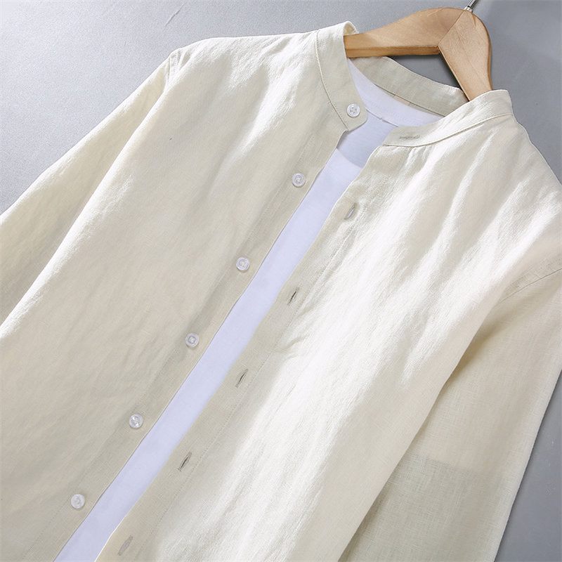 Stand Collar Pure Linen Long Sleeve Shirt