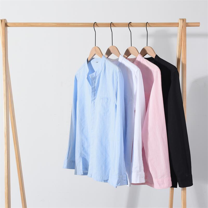 Cotton Linen Stand Collar Long Sleeve Shirt