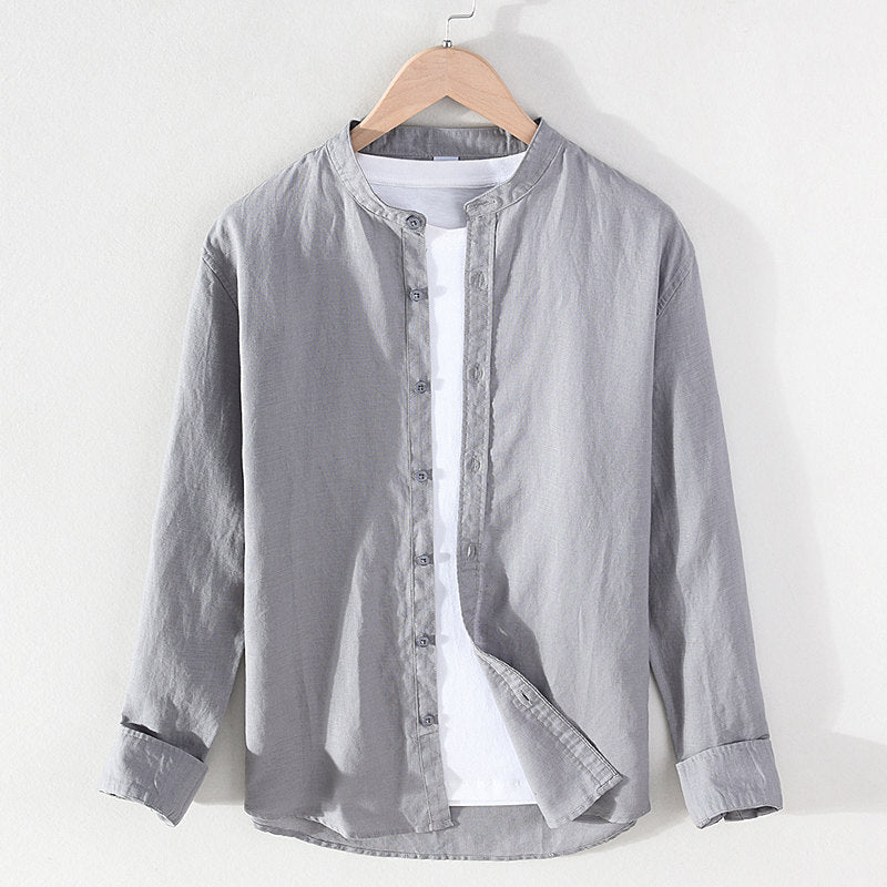 Stand Collar Cotton Linen Long Sleeve Shirt