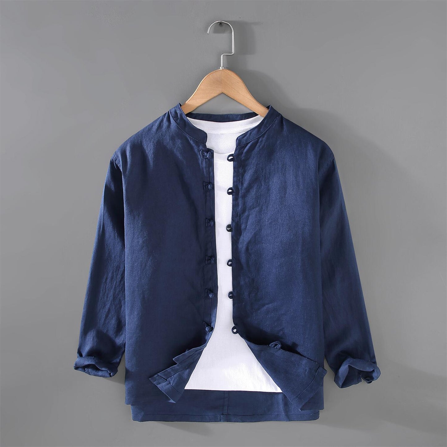 Relaxed Fit Stand Collar Linen Long Sleeve Shirt