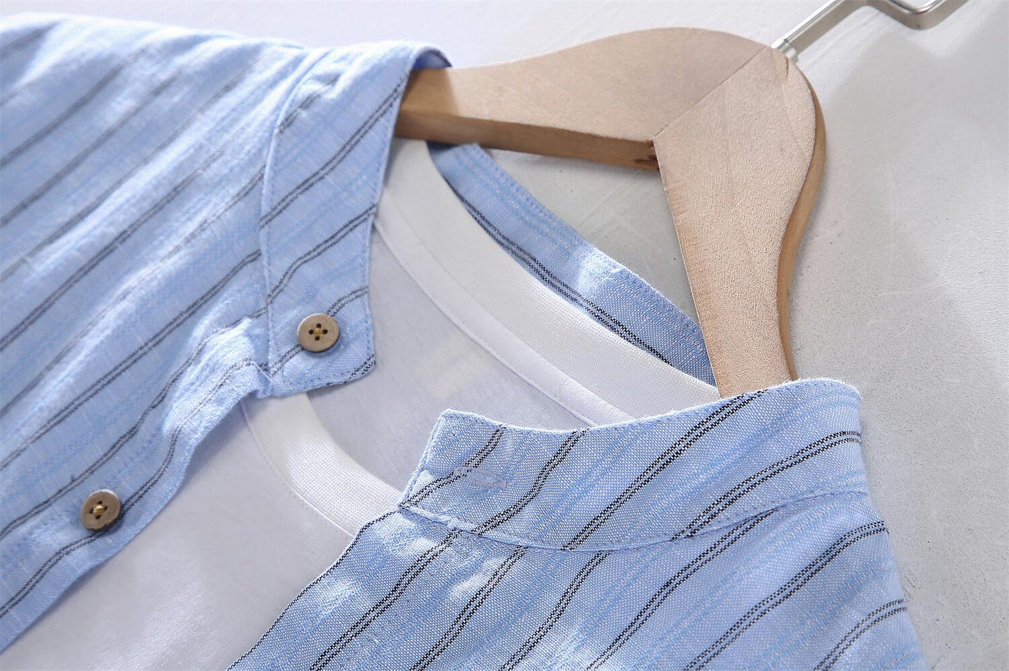 Striped Stand Collar Cotton Linen Shirt