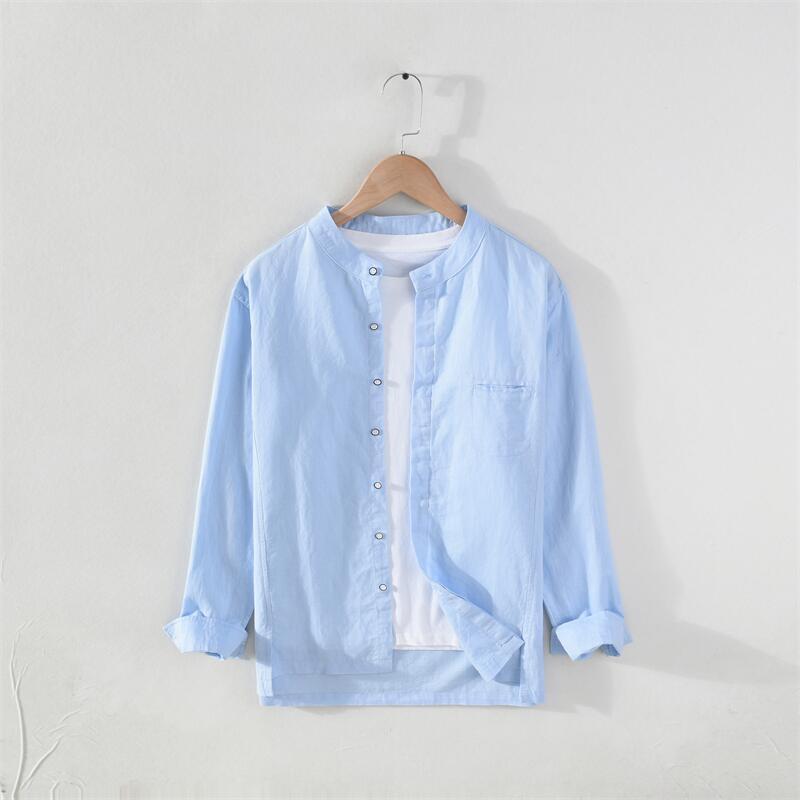 Cotton Linen Stand Collar Long Sleeve Shirt